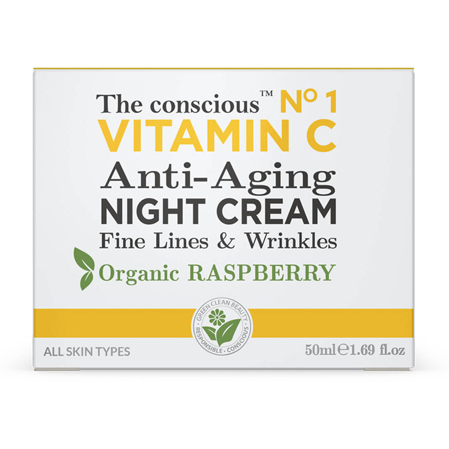 The Conscious Vit-C Anti-Aging Night Cream 50ml with Vitamin C and Organic Raspberry, targets wrinkles and illuminates skin.