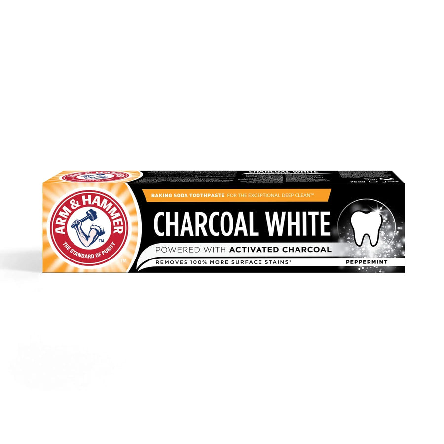 Arm & Hammer Charcoal White Peppermint Toothpaste 75ml tube packaging.