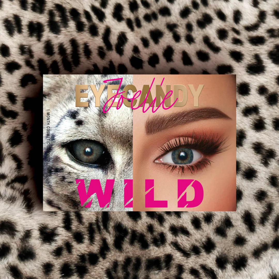 Eyecandy B2 Snow Leopard contact lenses, deep teal blue color, high water content.