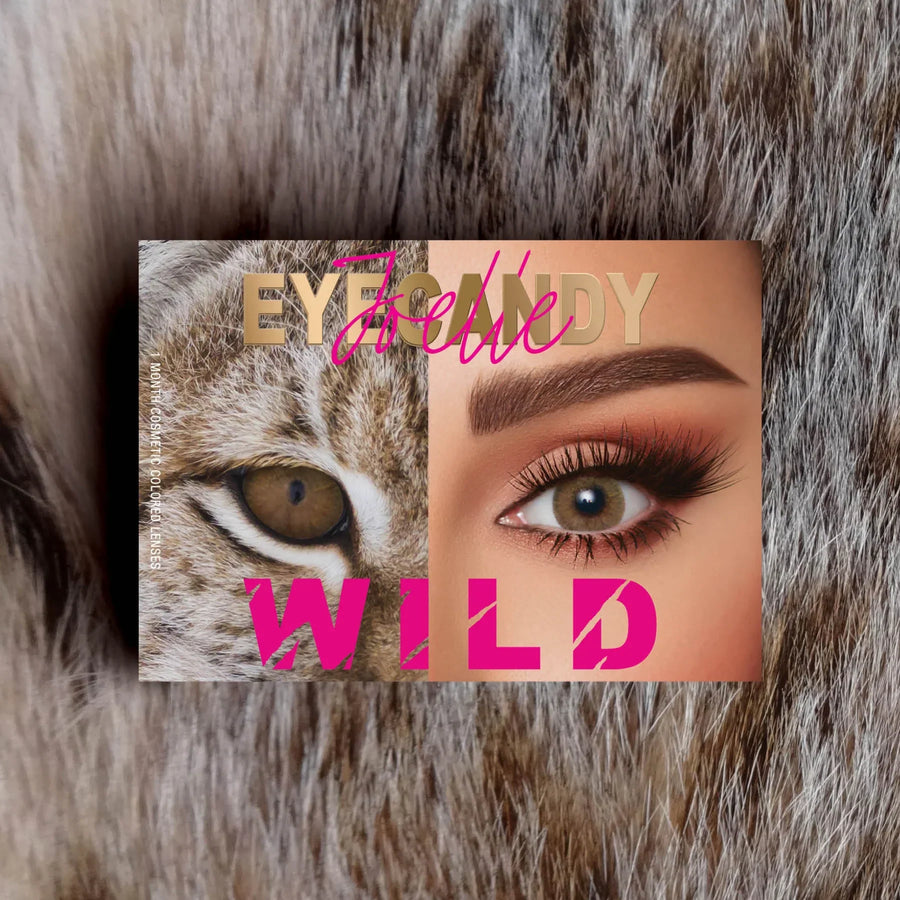 Eyecandy B6 Lynx non-med monthly lenses in deep earthy green and light green tones.