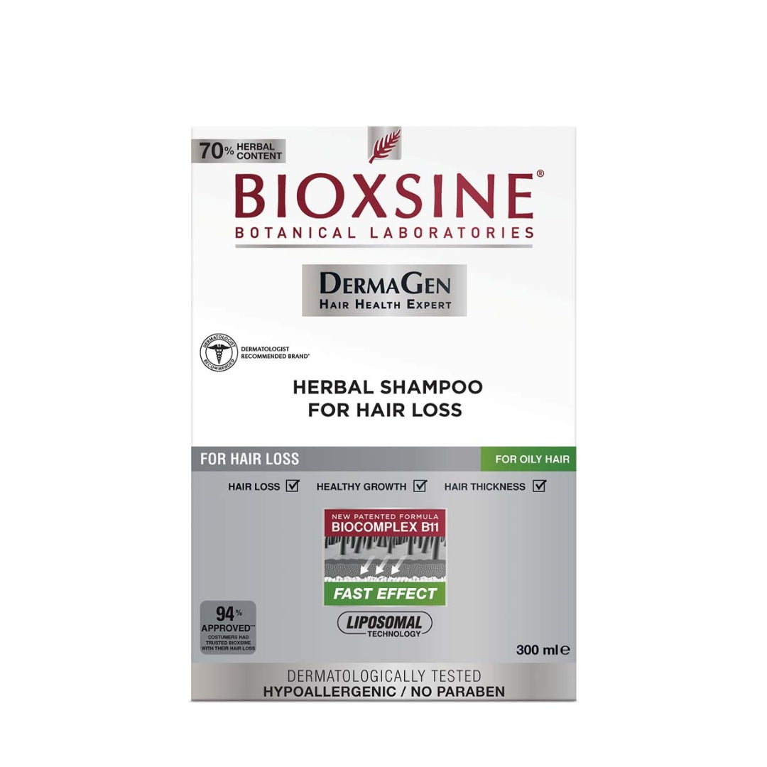 Bioxsine Dg Shampoo for oily hair loss, 300ml, with active ingredient BIOCOMPLEX B11 for hair growth.