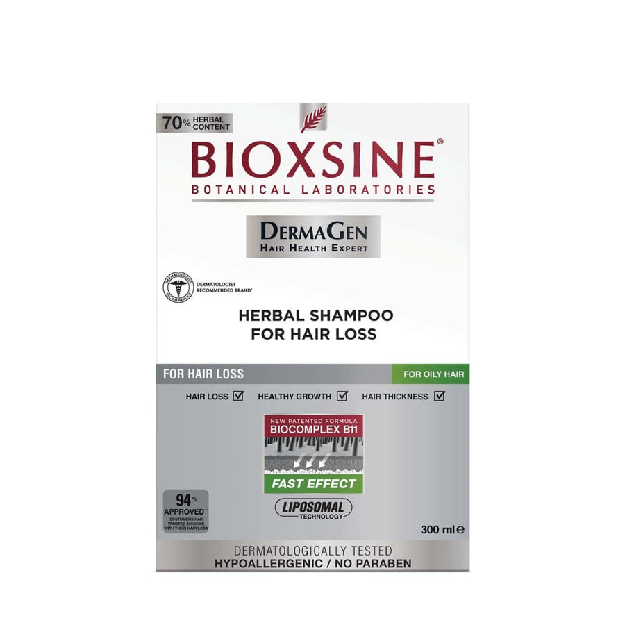 Bioxsine Dg Shampoo for oily hair loss, 300ml, with active ingredient BIOCOMPLEX B11 for hair growth.