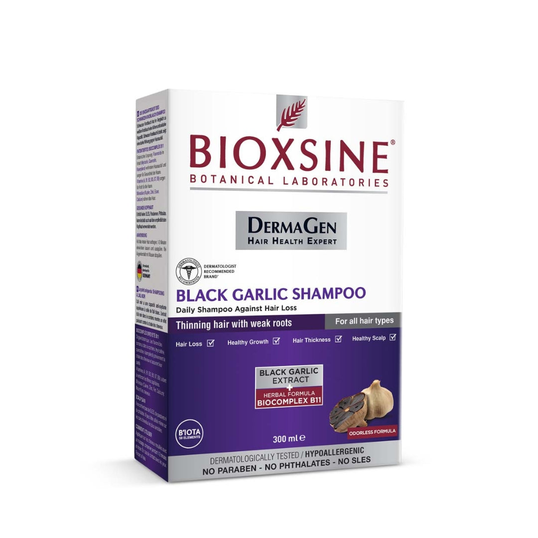 Bioxsine Dg Black Garlic Shampoo 300 ML bottle, enriched with black garlic extract for volumizing and revitalizing hair care.