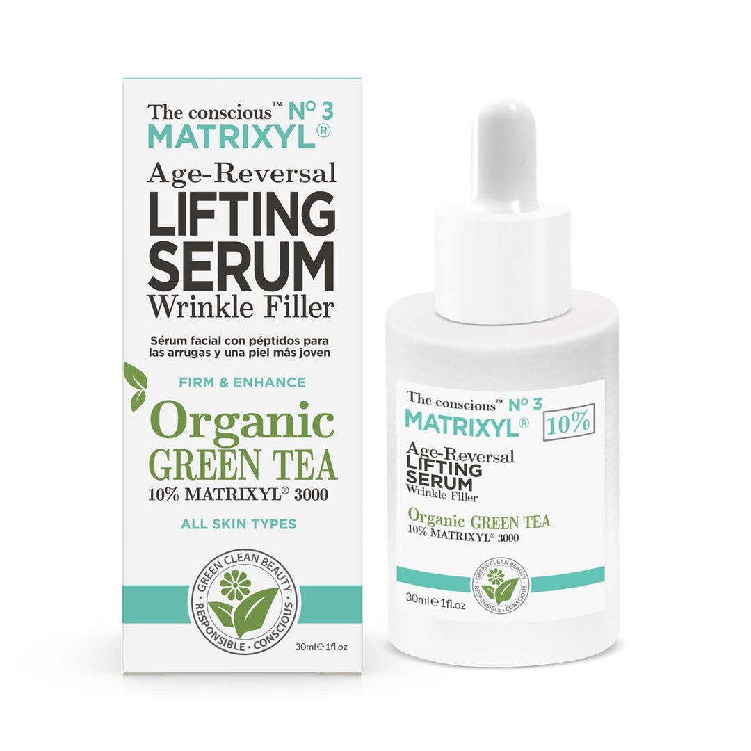 Conscious Matrixyl Serum with Organic Green Tea, 30ml bottle and packaging.