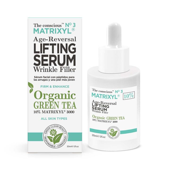 Conscious Matrixyl Serum with Organic Green Tea, 30ml bottle and packaging.