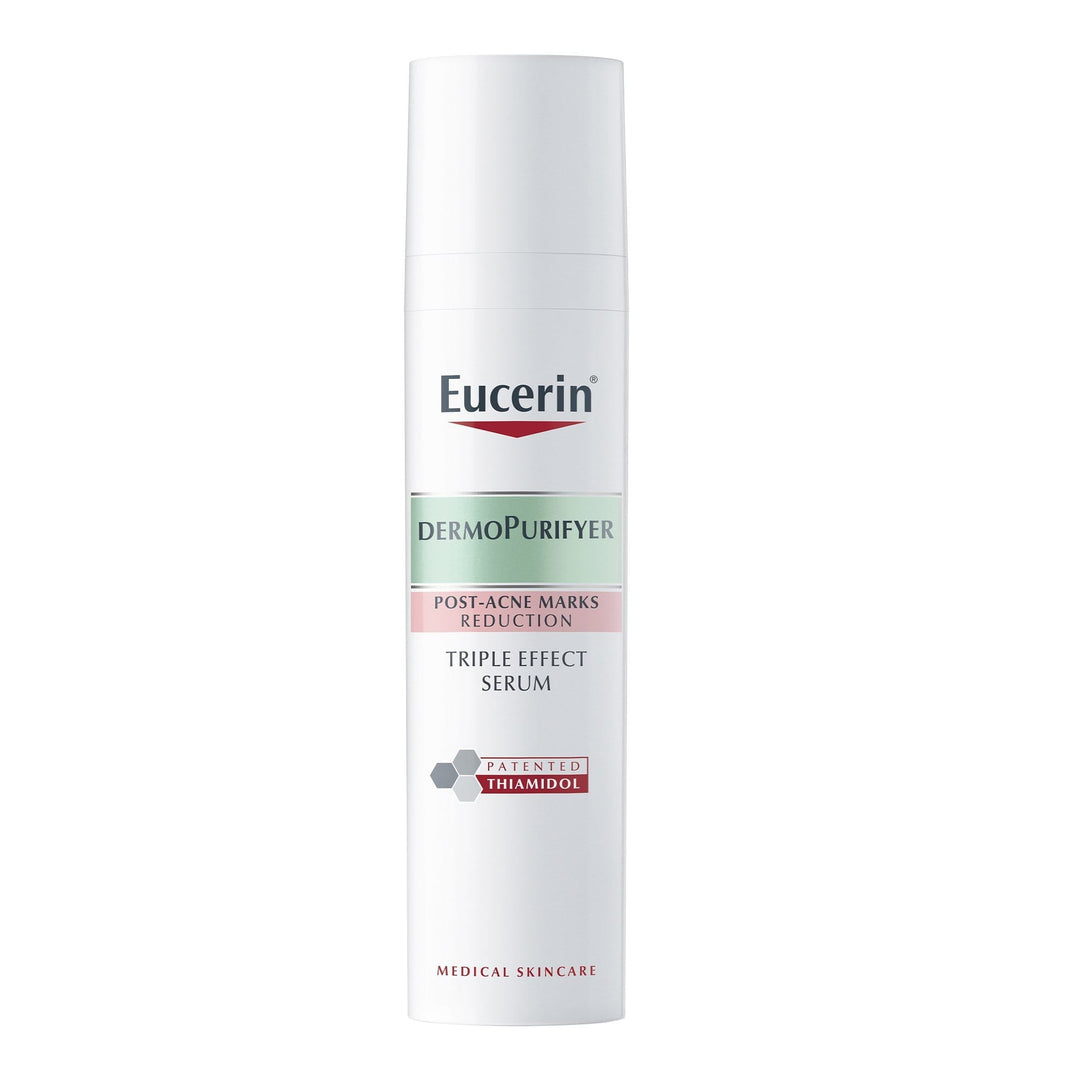 Eucerin Dermopurfyr Post Blemish 3x Effect Serum 40ml bottle with anti-blemish, anti-marks, and anti-shine properties.