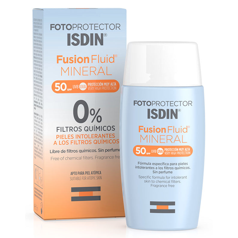 ISDIN Fotoprotector Fusion Fluid Mineral SPF50 sunscreen for sensitive skin, 50ml bottle with packaging.