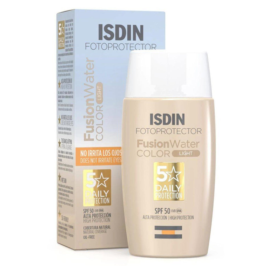 ISDIN Fotoprotector Fusion Water Light SPF50 tinted sunscreen, 50ml bottle with packaging.