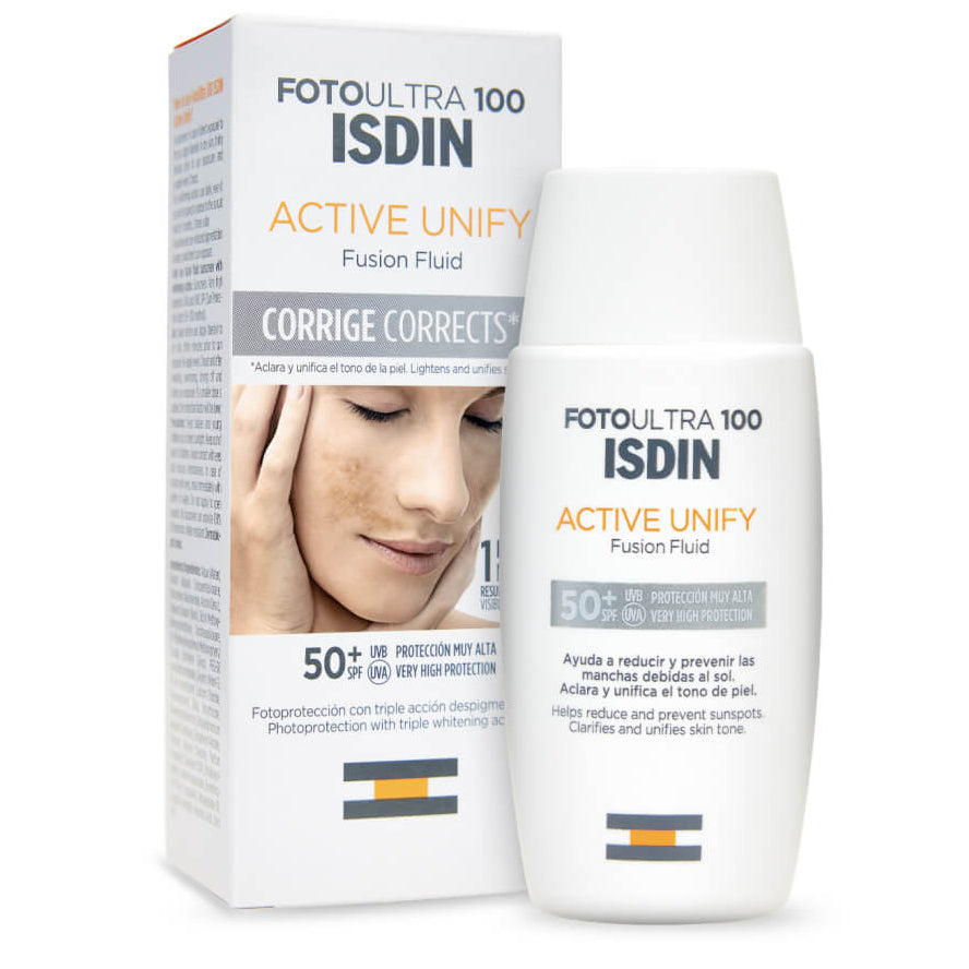 ISDIN Fotoultra100 Active Unify Fusion Fluid SPF50+ 50ml reduces pigmentation, offers UVA protection, and smooths skin.