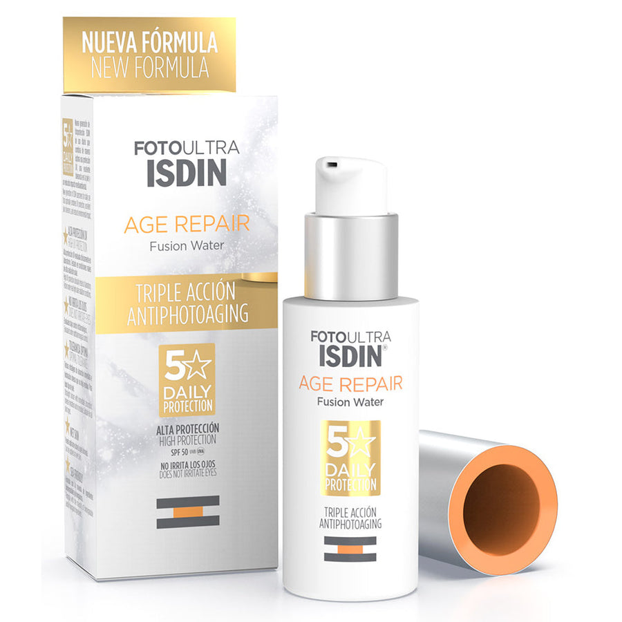 ISDIN Fotoultra Age Repair Fusion Water SPF50 sunscreen bottle and packaging.