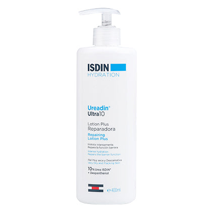 ISDIN Hydration Ultra10 Repairing Lotion Plus 400ml bottle for very dry skin.