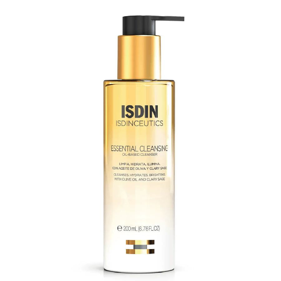 ISDIN Isdinceutics Essential Cleansing 200ml bottle with pump, facial cleansing oil for soft, hydrated skin.