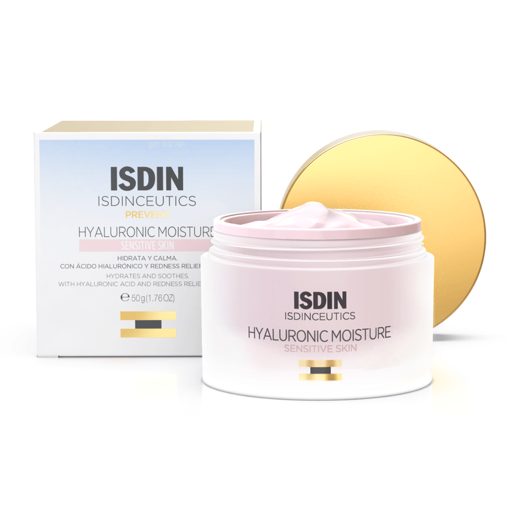 ISDIN Isdinceutics Prevent Sensitive Hyaluronic Moisture 50g jar with packaging, designed for sensitive skin hydration and redness relief.