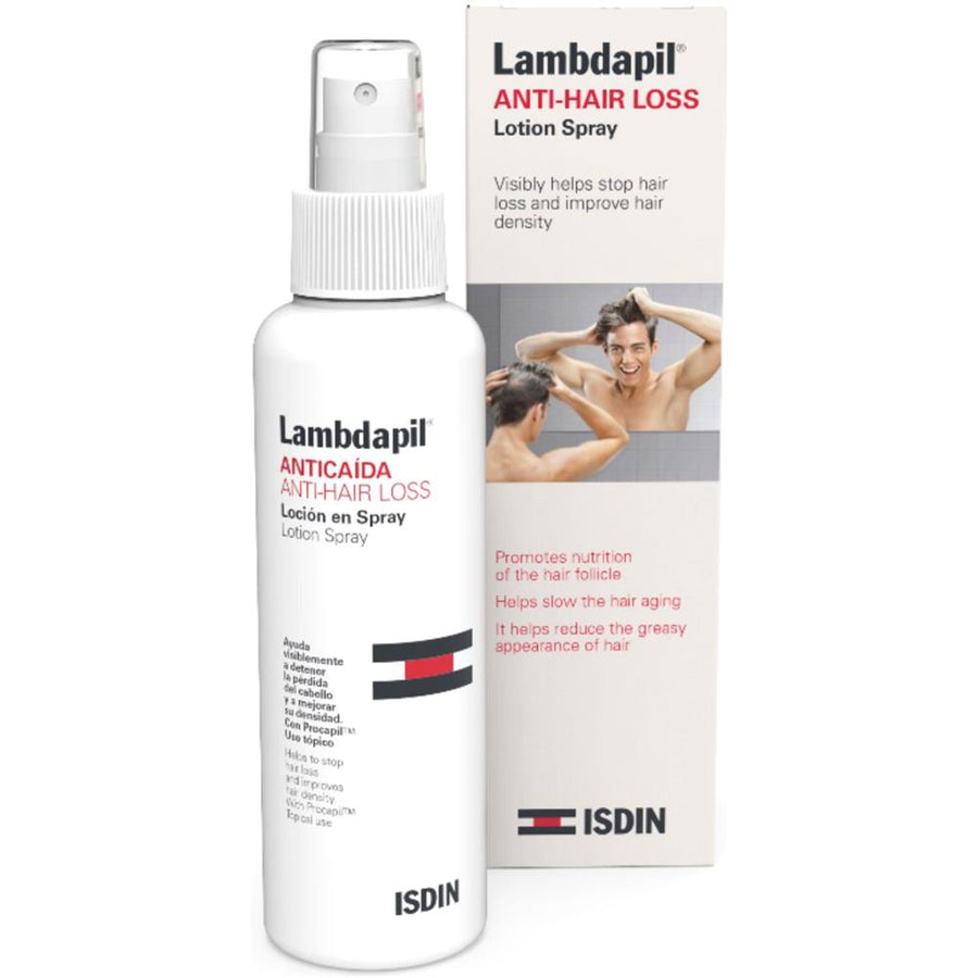 ISDIN Lambdapil Anti-Hairloss Lotion Spray 125ml for androgenetic alopecia treatment.