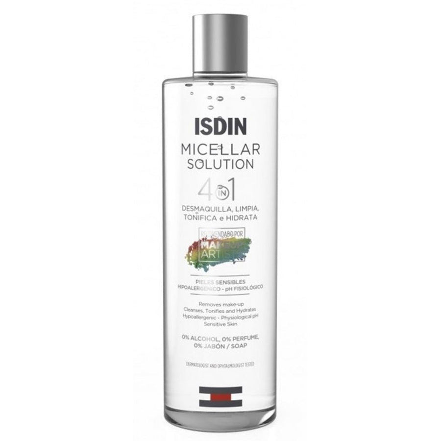 ISDIN Micellar Solution 4in1 400ml bottle for cleansing, makeup removal, toning, and moisturizing.