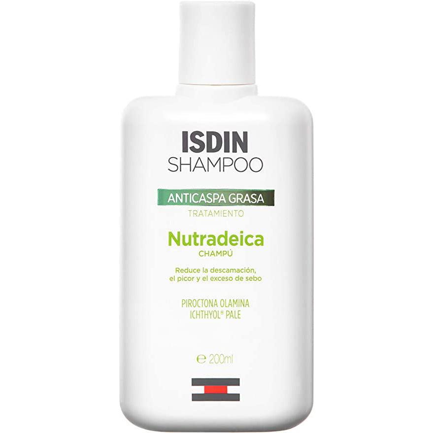 ISDIN Nutradeica Oily Dandruff Shampoo 200ml bottle reduces sebum, dandruff, and itchiness.