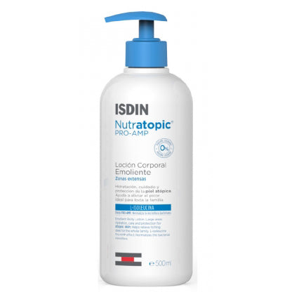 ISDIN Nutratopic Pro-Amp Emollient Body Lotion 400ml bottle for atopic skin care and moisture.