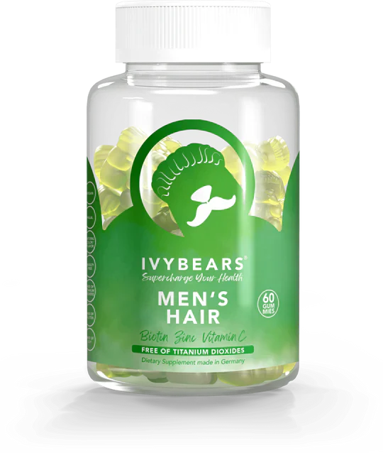 Ivybears Mens Hair Gummies bottle with biotin, vitamins, vegan formula, 60 gummies for healthy hair growth.