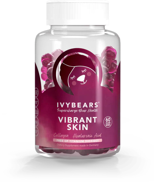 Ivybears Vibrant Skin Gummies bottle with hyaluronic acid and collagen for radiant skin.