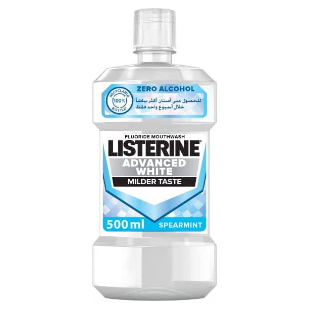 Listerine Mouthwash Advanced White Spearmint 500ml bottle with zero-alcohol formula.