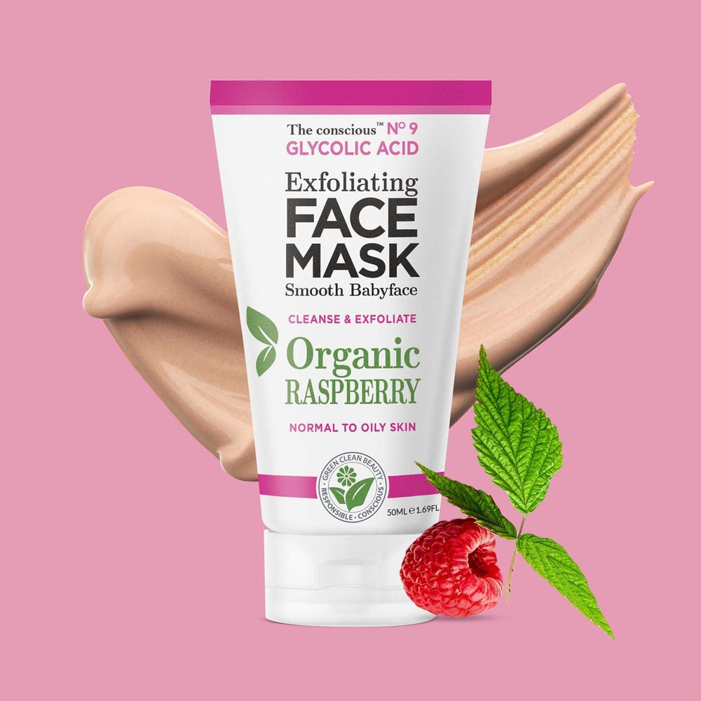 The Conscious Glycolic-Acid Exfoliating Face Mask with organic raspberry, for smooth and bright skin.