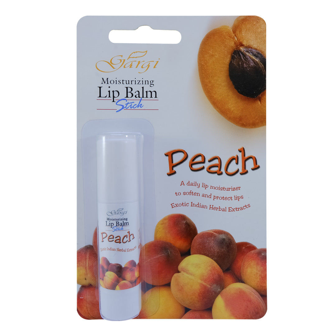 Gargi Lip Balm Stick Peach 4.5Gm in packaging with peach imagery, featuring exotic Indian herbal extracts for lip hydration and protection.