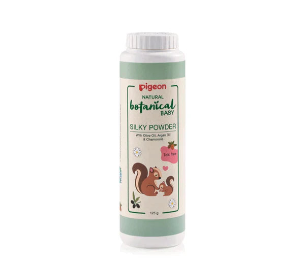 Pigeon Natural Botanical Baby Silky Powder 125g bottle with cornstarch formula.