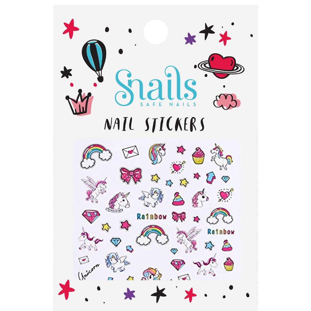 Snails Unicorn Nail Stickers with colorful unicorn-themed designs including rainbows, stars, and hearts.