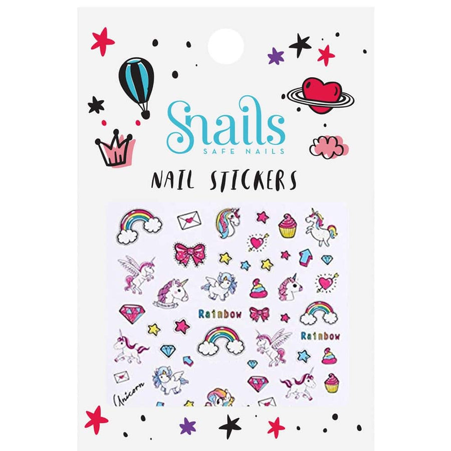 Snails Unicorn Nail Stickers with colorful unicorn-themed designs including rainbows, stars, and hearts.