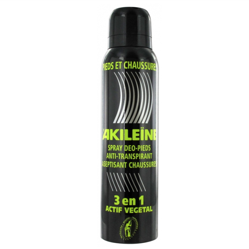 Akileine Shoe Spray 150ml bottle, anti-perspirant for foot odor and bacteria prevention.