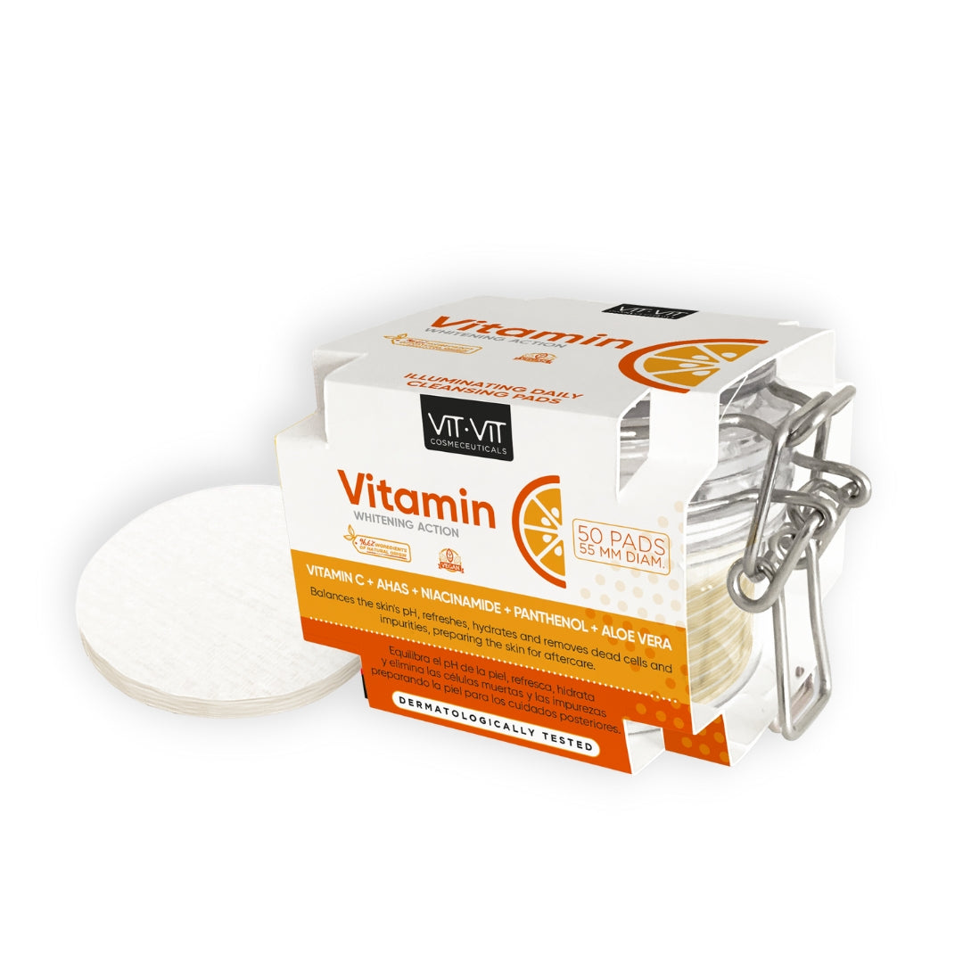 Vitamin C Cleansing Pads packaging with 50 soft cotton pads for deep cleaning and exfoliation.