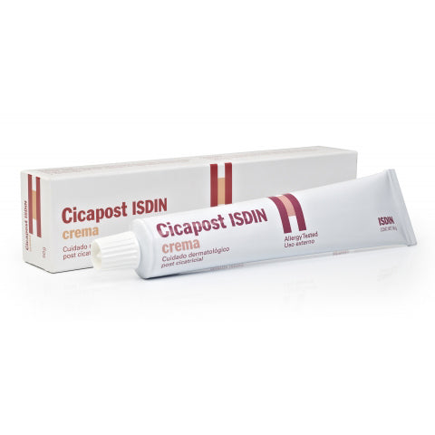 ISDIN Cicapost Cream 50g tube and packaging for post-scar dermatological care.