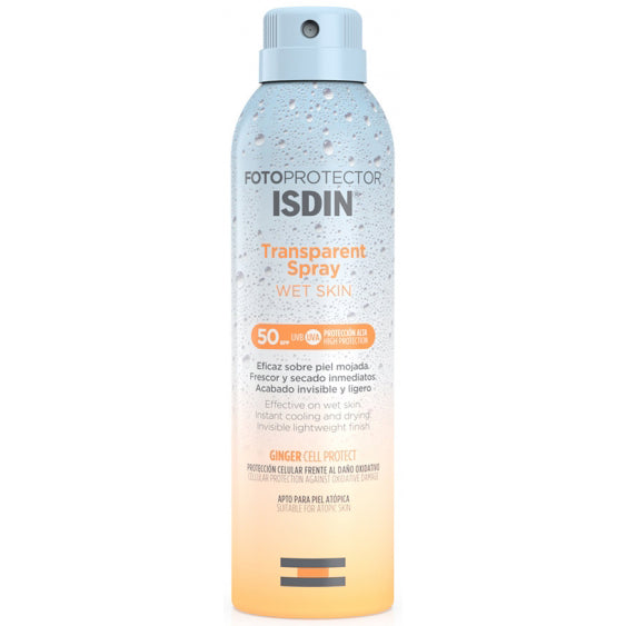 ISDIN Fotoprotector Transparent Spray SPF50, 250ml bottle, waterproof sunscreen.