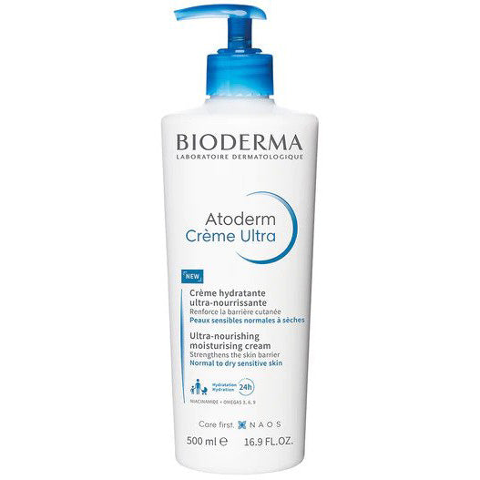 Bioderma Atoderm Cream Ultra 500ml bottle with pump, moisturizing and fragrance-free.