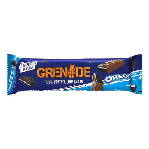 Grenade Oreo Bar packaging featuring high protein, low sugar snack.