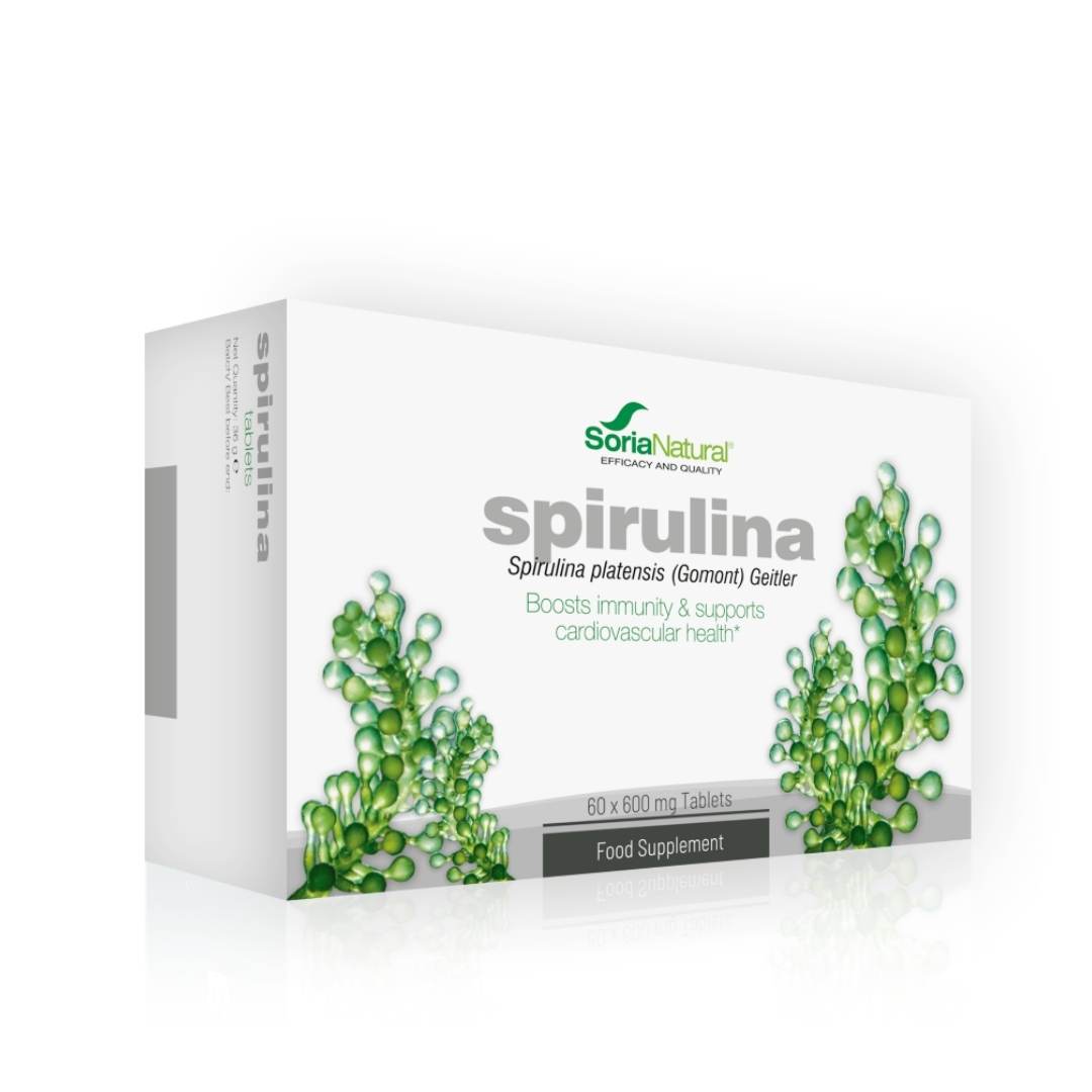 Soria Nat Spiruline 600mg 60 tablets food supplement packaging.