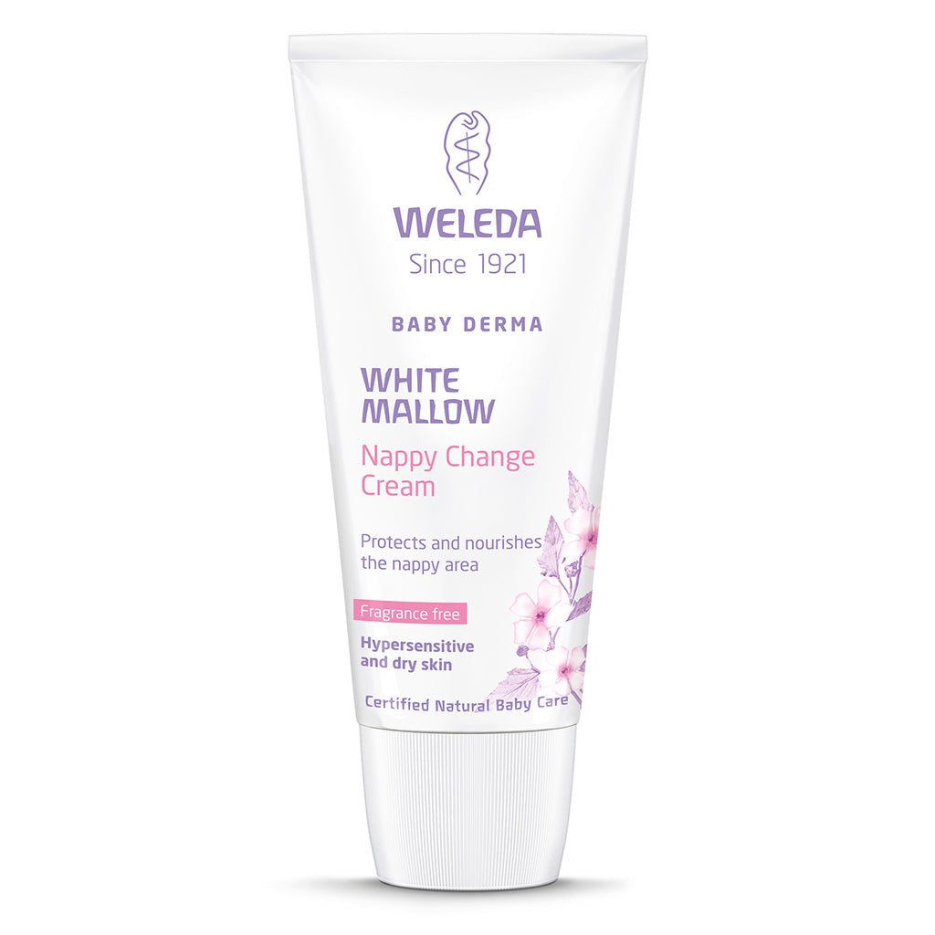 Weleda White Mallow Nappy Change Cream 50ml tube displaying baby skin care product.