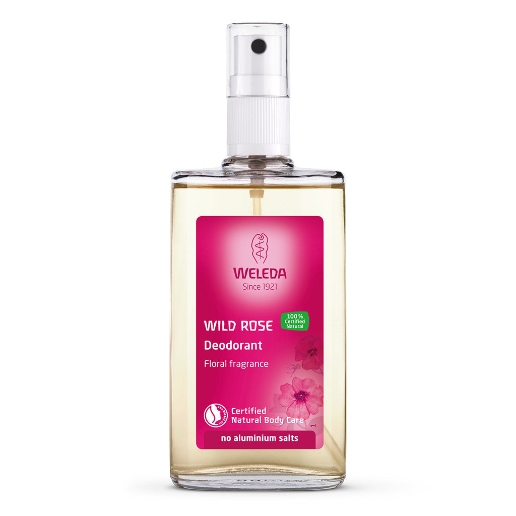Weleda Wild Rose Deodorant 100ml in glass spray bottle with floral scent.