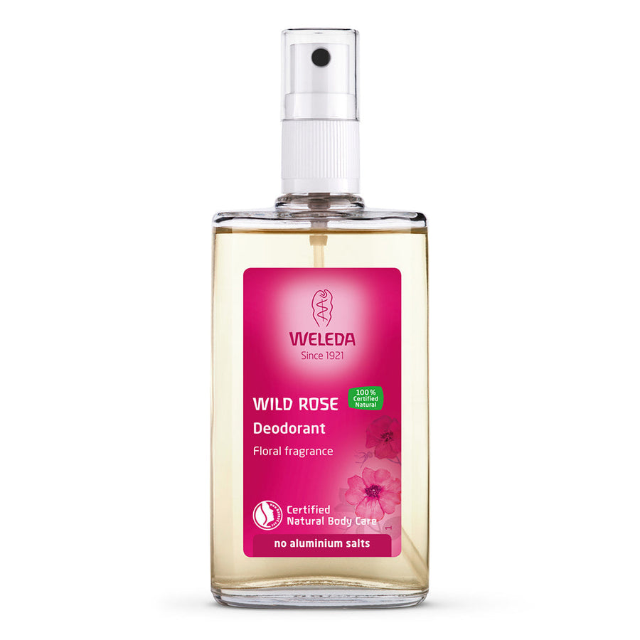 Weleda Wild Rose Deodorant 100ml in glass spray bottle with floral scent.