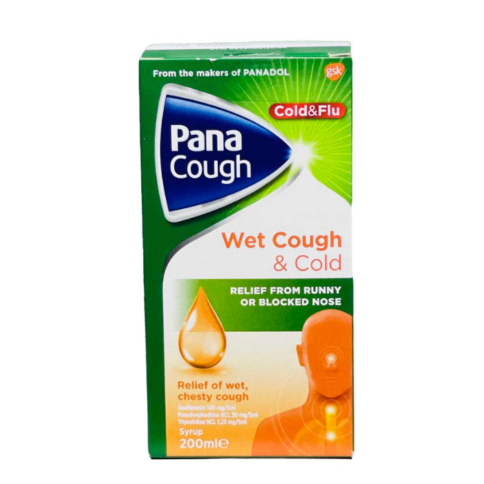 Pana Cough Expectorant 200ml for relief of wet cough and cold symptoms.