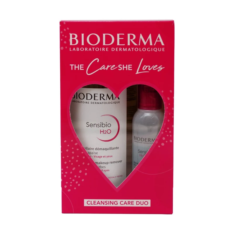 Bioderma Sensibio H20 Duo Kit, cleansing and makeup removing micellar water for sensitive skin, 850ml and 125ml bottles.