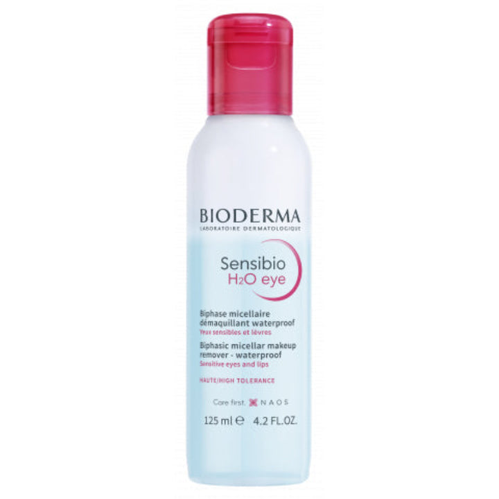 Bioderma Sensibio H2O Eye 125ml micellar water for sensitive skin, removes waterproof makeup, hydrates, and soothes.