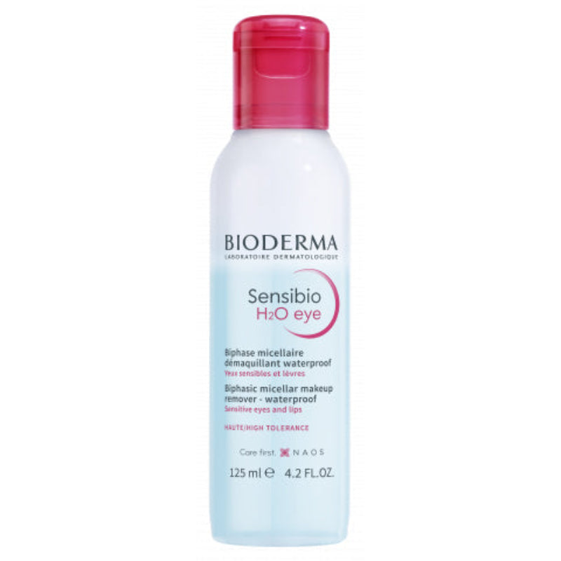 Bioderma Sensibio H2O Eye 125ml micellar water for sensitive skin, removes waterproof makeup, hydrates, and soothes.