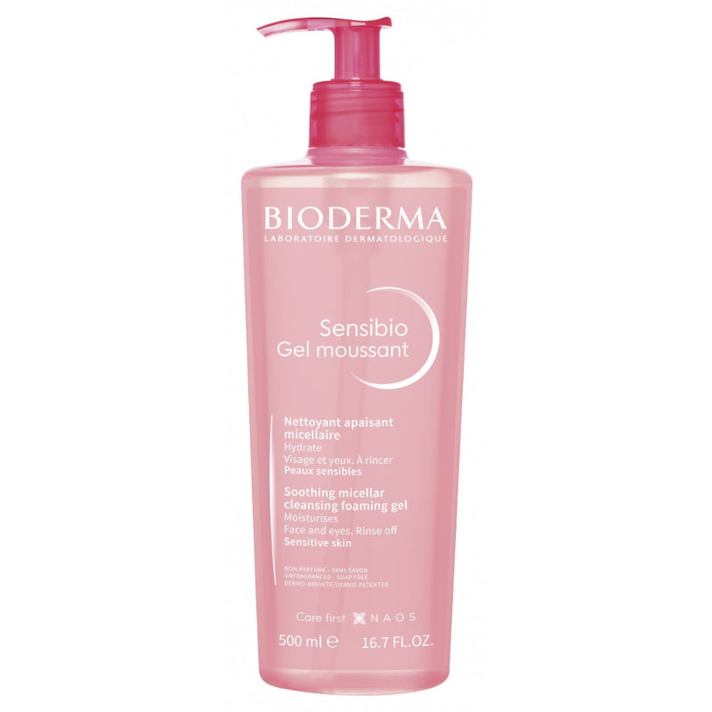 Bioderma Sensibio Gel Moussant 500ml foaming cleanser bottle for sensitive skin.