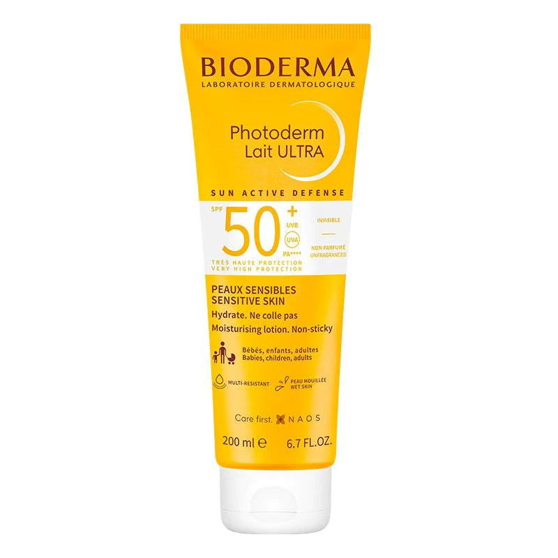 Bioderma Photoderm Lait Ultra SPF 50+ 200ml sunscreen for sensitive skin.