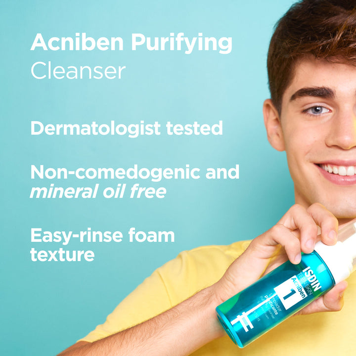 ISDIN Teen Skin Acniben Purifying Foam Cleanser for oily and acne-prone skin, dermatologist tested, non-comedogenic, mineral oil free.