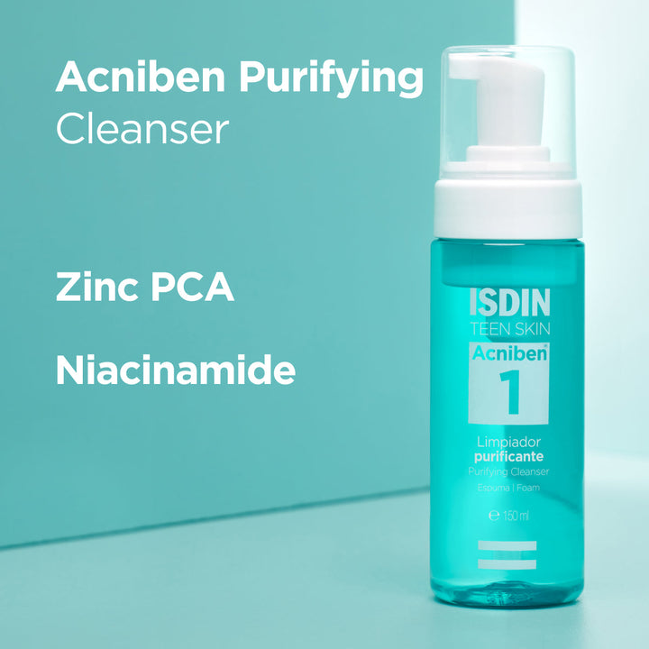 ISDIN Teen Skin Acniben Purifying Foam Cleanser for oily and acne-prone skin with Zinc PCA and Niacinamide, 150ml bottle
