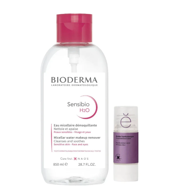 Bioderma Sensibio H2O 850ml with Etatpur Hyaluronic Acid Kit, cleansing and hydrating skincare set.
