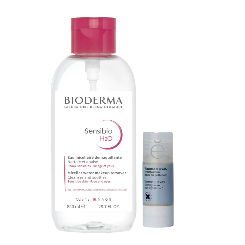 Bioderma Sensibio H20 850ml and Etatpur Vitamin E Kit for cleansing and antioxidant protection.