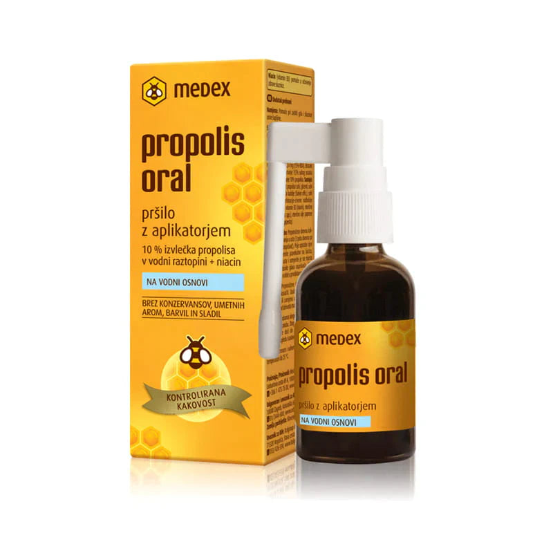 Medex Propolis Oral Spray Adult 30 ml with packaging, designed for throat relief and oral health.